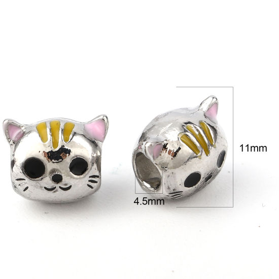 Image de Perles à Gros Trou en Alliage de Zinc Argent Mat Multicolore Chat 11mm x 9mm, Trou: Environ 4.5mm, 3 Pcs