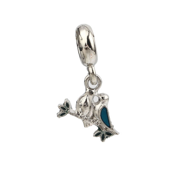 Image de Perles Dangle à Gros Trou en Alliage de Zinc Argent Mat Bleu Oiseau 23mm x 13mm, Trou: Environ 4.1mm, 5 Pcs