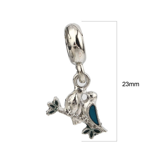 Image de Perles Dangle à Gros Trou en Alliage de Zinc Argent Mat Bleu Oiseau 23mm x 13mm, Trou: Environ 4.1mm, 5 Pcs