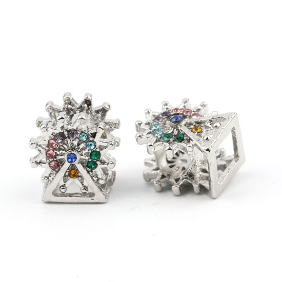 Image de Perles à Gros Trou en Alliage de Zinc Argent Mat Grande Roue à Strass Coloré 12mm x 11mm, Trou: Environ 5mm, 3 Pcs