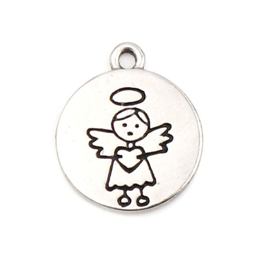 Picture of Zinc Based Alloy Religious Charms Round Disc Antique Silver Color Angel 19mm x 16mm, 10 PCs