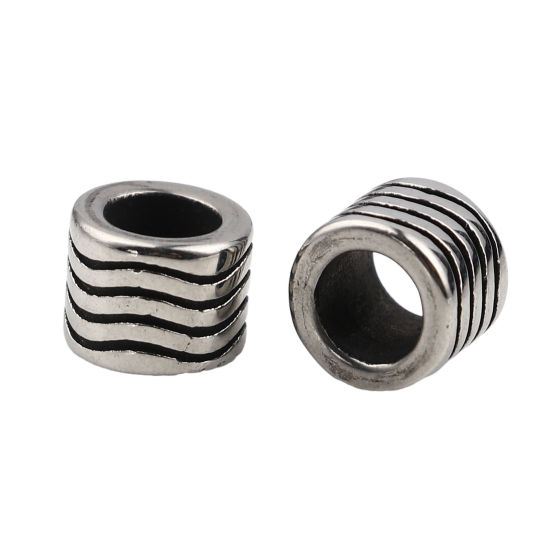 Image de Perles en Acier Inoxydable Colonne Argent Vieilli Rayées 9mm x 7mm, Trou: env. 5mm, 1 Pièce