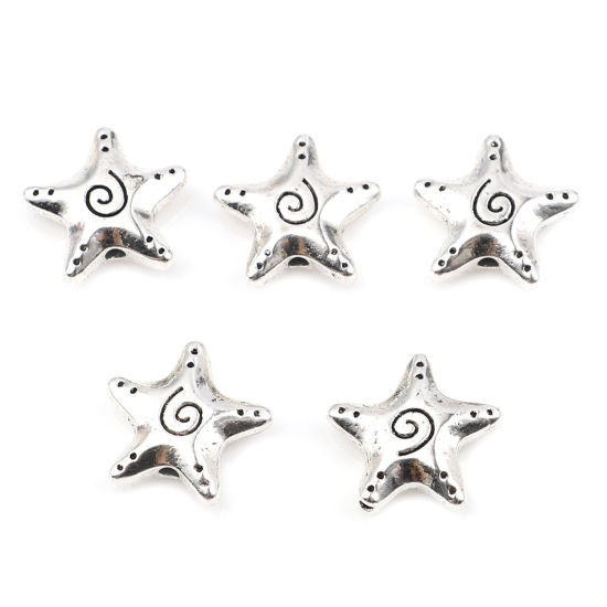 Imagen de Zamak Joyería del océano Cuentas Estrella de mar Plata Antigua Aprox 16mm x 15mm, Agujero: Aprox 1.2mm, 20 Unidades