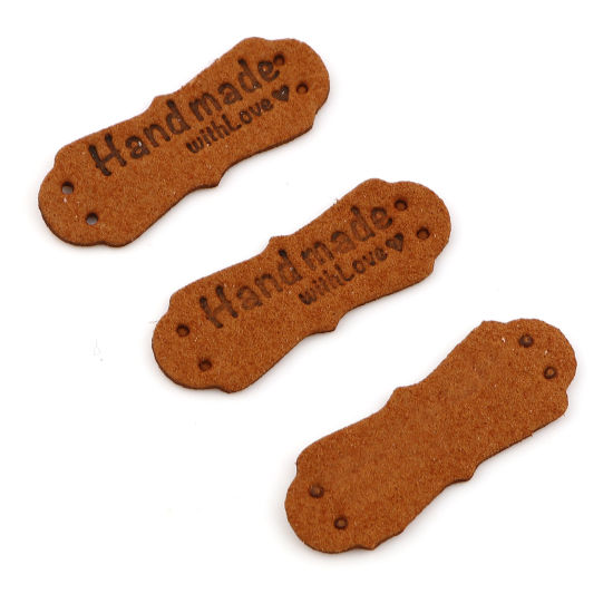 ポリウレタン ラベル 不規則 ブラウン " Hand Made With Love " 人造スエード 40mm x 15mm、 20 個 の画像