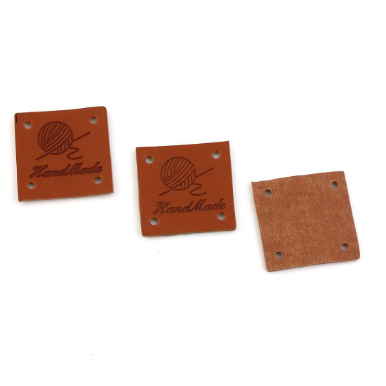 ポリウレタン ラベル 正方形 ブラウン " Hand Made " 25mm x 25mm , 50 個 の画像