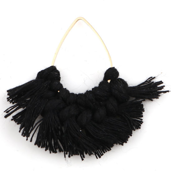 Image de Pendentifs Franges en Alliage de Zinc & Polyester Eventail Doré Noir Goutte d'Eau 55mm x 55mm-53mmx50mm, 2 Pcs