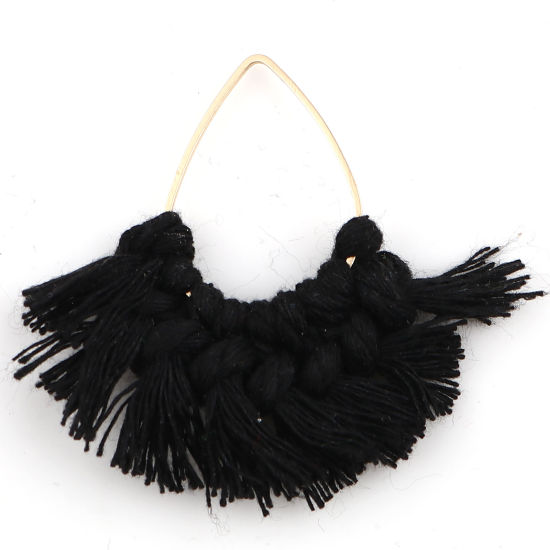 Image de Pendentifs Franges en Alliage de Zinc & Polyester Eventail Doré Noir Goutte d'Eau 55mm x 55mm-53mmx50mm, 2 Pcs