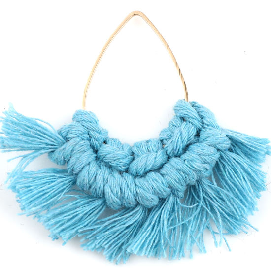Image de Pendentifs Franges en Alliage de Zinc & Polyester Eventail Doré Bleu Ciel Goutte d'Eau 55mm x 55mm-53mmx50mm, 2 Pcs