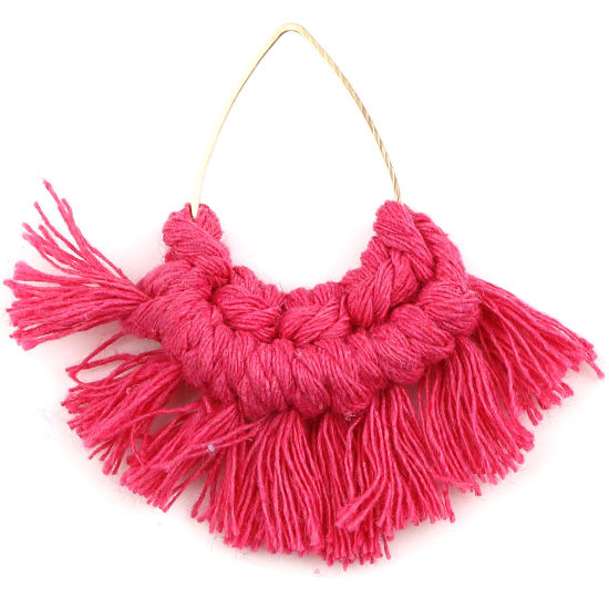 Image de Pendentifs Franges en Alliage de Zinc & Polyester Eventail Doré Fuchsia Goutte d'Eau 55mm x 55mm-53mmx50mm, 2 Pcs