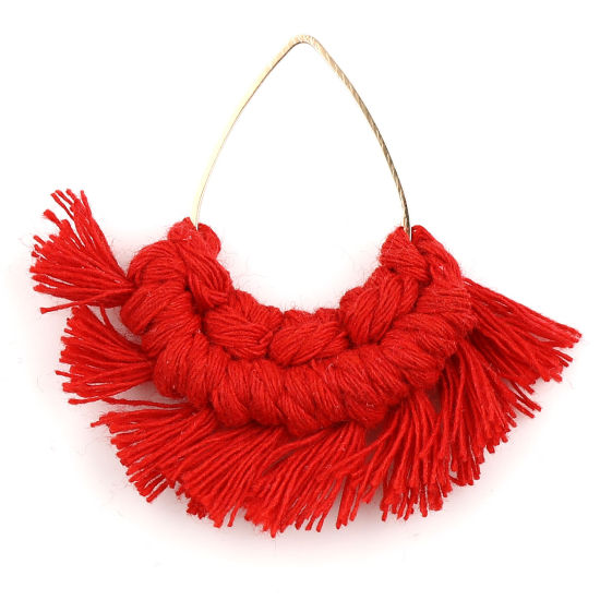 Image de Pendentifs Franges en Alliage de Zinc & Polyester Eventail Doré Rouge Goutte d'Eau 55mm x 55mm-53mmx50mm, 2 Pcs