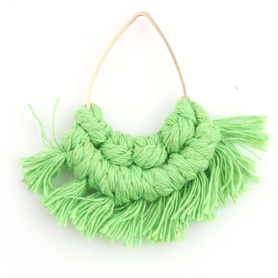 Image de Pendentifs Franges en Alliage de Zinc & Polyester Eventail Doré Vert Fluorescent Goutte d'Eau 55mm x 55mm-53mmx50mm, 2 Pcs