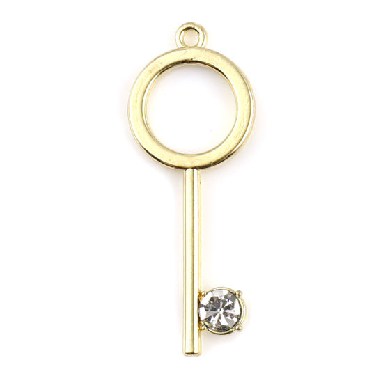 Imagen de Zamak Colgantes Llave Chapado en Oro Transparente Rhinestone 40mm x 15mm, 2 Unidades
