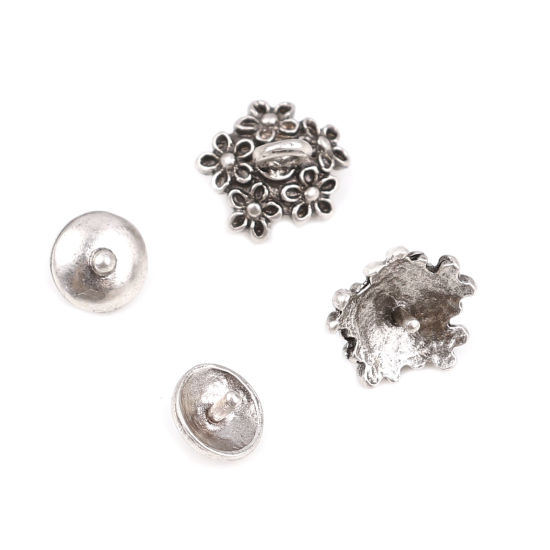 Immagine di Lega di Zinco Coppette Copriperla Tondo Argento Antico Fiore Disegno (Addetti 12mm Perline) 7mm Dia, 11mm x 9mm, 10 Seri ( 2 Pz/Serie)