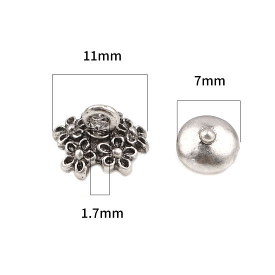 Immagine di Lega di Zinco Coppette Copriperla Tondo Argento Antico Fiore Disegno (Addetti 12mm Perline) 7mm Dia, 11mm x 9mm, 10 Seri ( 2 Pz/Serie)