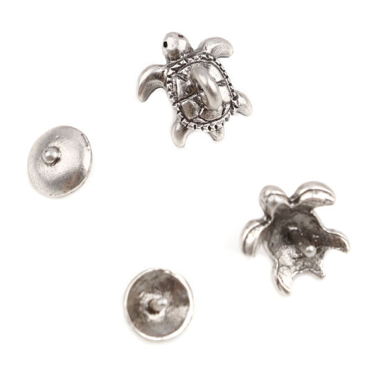 Immagine di Lega di Zinco Gioielli Oceanici Coppette Copriperla Tartaruga di Mare Argento Antico Tondo Disegno (Addetti 12mm Perline) 7mm Dia, 11mm x 9mm, 10 Seri ( 2 Pz/Serie)