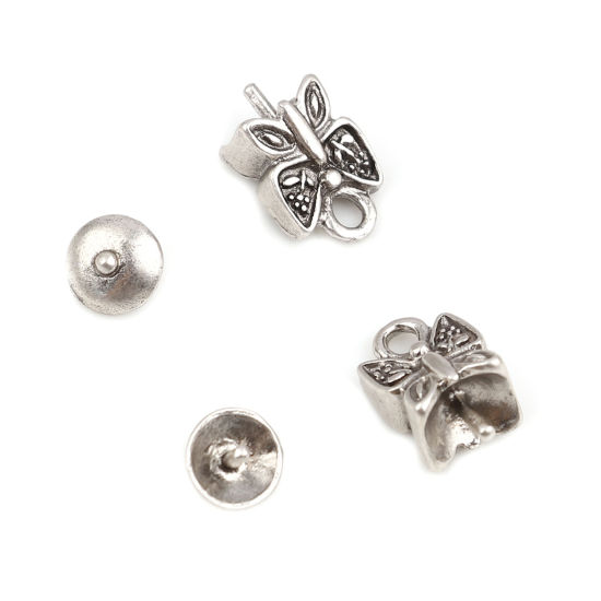 Immagine di Lega di Zinco Insetto Coppette Copriperla Tondo Argento Antico Farfalla Disegno (Addetti 14mm Perline) 7mm Dia, 13mm x 8mm, 10 Seri ( 2 Pz/Serie)