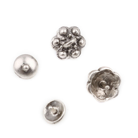 Immagine di Lega di Zinco Coppette Copriperla Tondo Argento Antico Fiore Disegno (Addetti 10mm Perline) 7mm Dia, 10mm x 9mm, 10 Seri ( 2 Pz/Serie)