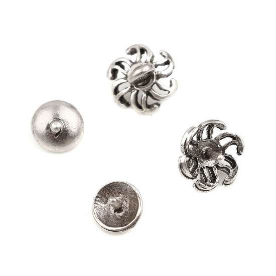 Immagine di Lega di Zinco Coppette Copriperla Tondo Argento Antico Fiore Disegno (Addetti 10mm Perline) 7mm Dia, 10mm x 8mm, 10 Seri ( 2 Pz/Serie)