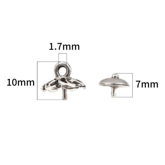 Immagine di Lega di Zinco Coppette Copriperla Tondo Argento Antico Fiore Disegno (Addetti 10mm Perline) 7mm Dia, 10mm x 8mm, 10 Seri ( 2 Pz/Serie)