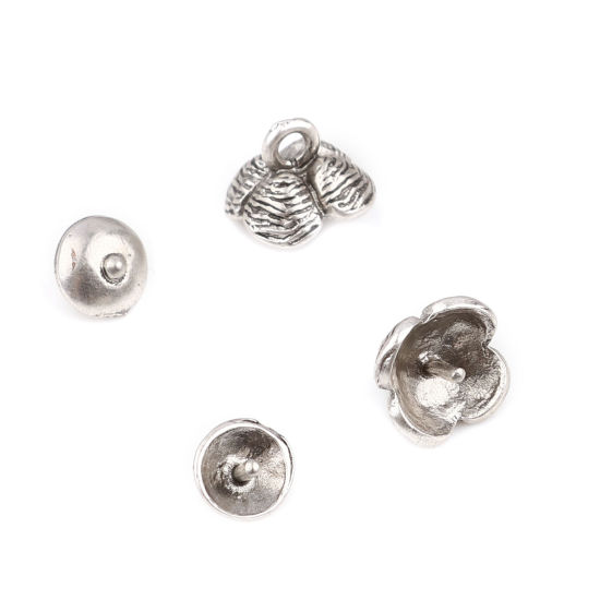 Immagine di Lega di Zinco Coppette Copriperla Tondo Argento Antico Fiore Disegno (Addetti 10mm Perline) 7mm Dia, 10mm x 9mm, 10 Seri ( 2 Pz/Serie)