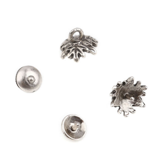 Immagine di Lega di Zinco Coppette Copriperla Tondo Argento Antico Foglia Disegno (Addetti 12mm Perline) 7mm Dia, 11mm x 9mm, 10 Seri ( 2 Pz/Serie)