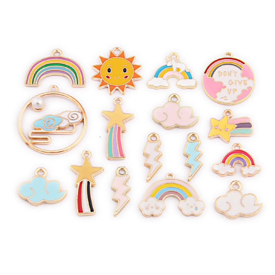 Immagine di Lega di Zinco Tempo Collezione Charms Sole Colore Misto Lampo Smalto 21mm , 1 Serie ( 16 Pz/Serie)