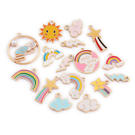 Immagine di Lega di Zinco Tempo Collezione Charms Sole Colore Misto Lampo Smalto 21mm , 1 Serie ( 16 Pz/Serie)