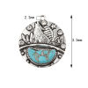 Picture of Zinc Based Alloy & Acrylic Boho Chic Bohemia Pendants Round Disc Antique Silver Color Blue Wolf Imitation Turquoise Clear Rhinestone 35mm x 30mm, 2 PCs