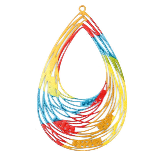 Image de Pendentifs Estampe en Filigrane en Alliage de Fer Goutte d'Eau Multicolore Spirale 54mm x 33mm, 5 Pcs