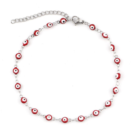 Image de Chaînes de Cheville Religieux en 304 Acier Inoxydable Argent Mat Rouge Émail Rond Œil Mauvais 23cm long, 1 Pièce