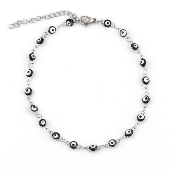 Image de Chaînes de Cheville Religieux en 304 Acier Inoxydable Argent Mat Noir Émail Rond Œil Mauvais 23cm long, 1 Pièce
