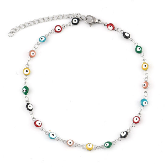 Image de Chaînes de Cheville Religieux en 304 Acier Inoxydable Argent Mat Multicolore Émail Rond Œil Mauvais 23cm long, 1 Pièce