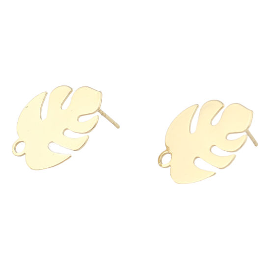 Picture of Zinc Based Alloy Ear Post Stud Earrings Findings Monstera Real Gold Plated W/ Loop 22mm x 17mm, Post/ Wire Size: (21 gauge), 4 PCs