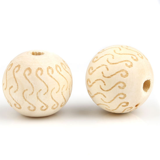 Image de Perles en Bois Rond Couleur Naturelle Rayé S 16mm Dia, Trou: env. 4.1mm, 20 Pcs