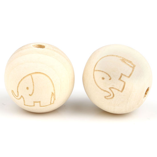 Image de Perles en Bois Rond Couleur Naturelle Eléphants 16mm Dia, Trou: env. 4.1mm, 20 Pcs