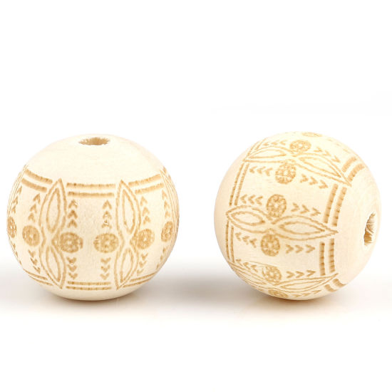 Image de Perles en Bois Rond Couleur Naturelle Motif Sculpté 20mm Dia, Trou: env. 4.5mm, 20 Pcs