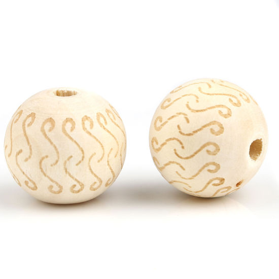 Image de Perles en Bois Rond Couleur Naturelle Rayé S 20mm Dia, Trou: env. 4.5mm, 20 Pcs