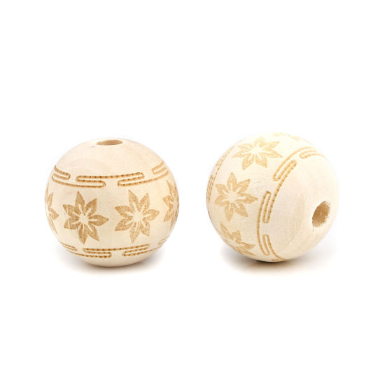 Image de Perles en Bois Rond Couleur Naturelle Fleurs 20mm Dia, Trou: env. 4.5mm, 20 Pcs