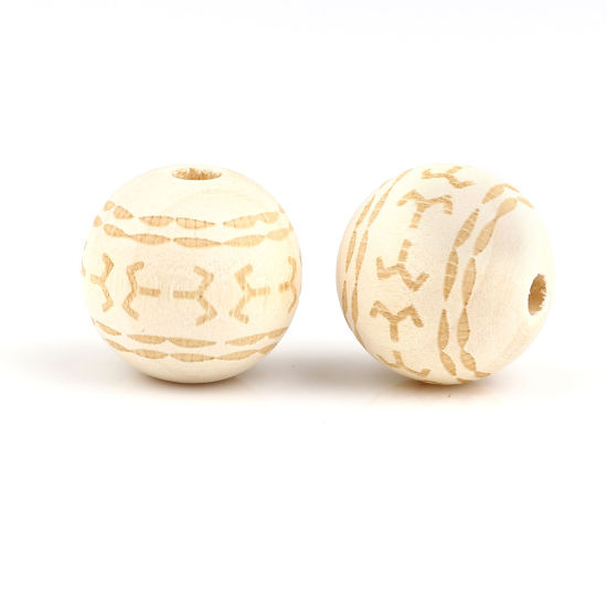 Image de Perles en Bois Rond Couleur Naturelle Motif Sculpté 20mm Dia, Trou: env. 4.5mm, 20 Pcs