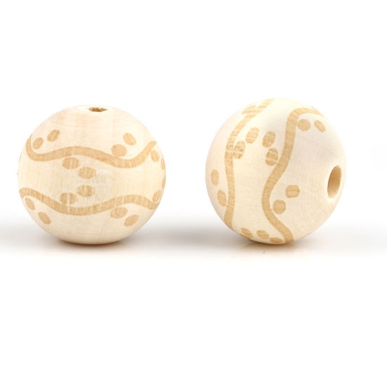 Image de Perles en Bois Rond Couleur Naturelle Motifs ligne 20mm Dia, Trou: env. 4.5mm, 20 Pcs