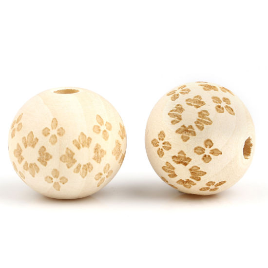 Image de Perles en Bois Rond Couleur Naturelle Fleurs 20mm Dia, Trou: env. 4.5mm, 20 Pcs