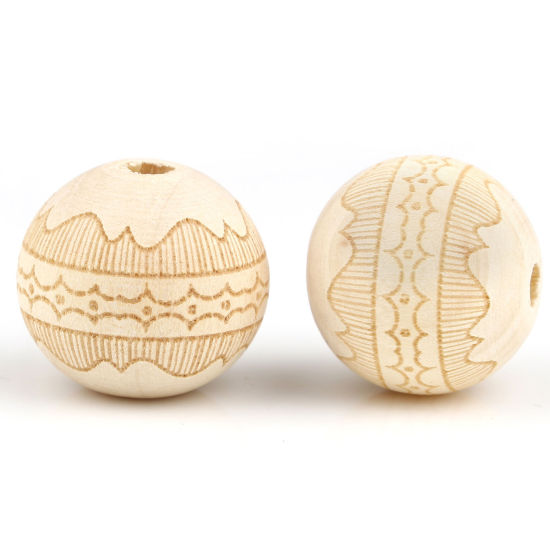 Image de Perles en Bois Rond Couleur Naturelle Motifs ligne 20mm Dia, Trou: env. 4.5mm, 20 Pcs
