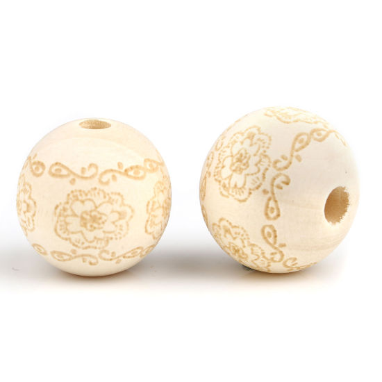 Image de Perles en Bois Rond Couleur Naturelle Fleurs 20mm Dia, Trou: env. 4.5mm, 20 Pcs