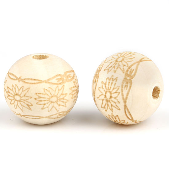 Image de Perles en Bois Rond Couleur Naturelle Chrysanthème 20mm Dia, Trou: env. 4.5mm, 20 Pcs