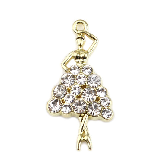 Imagen de Zamak Colgantes Niña Bailando Chapado en Oro Transparente Rhinestone 31mm x 16mm, 5 Unidades