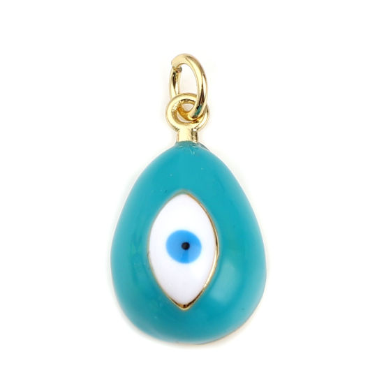 Bild von Messing Religiös Charms Tropfen Vergoldet Cyan Böser Blick Evil Eye Emaille 23mm x 11mm, 1 Stück
