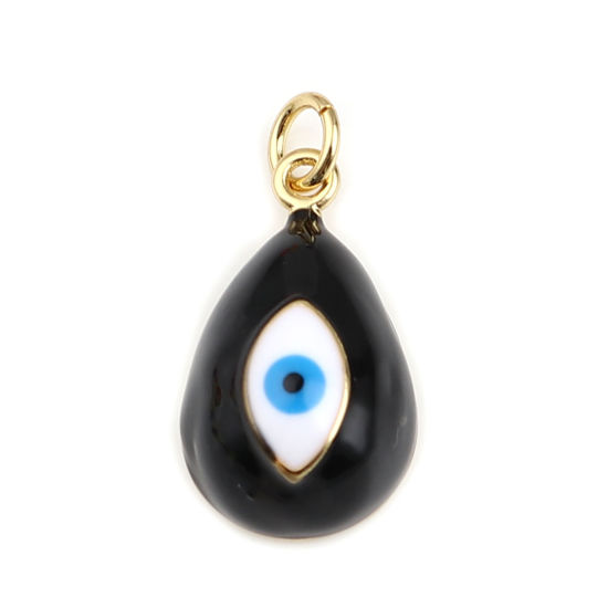 Bild von Messing Religiös Charms Tropfen Vergoldet Schwarz Böser Blick Evil Eye Emaille 23mm x 11mm, 1 Stück