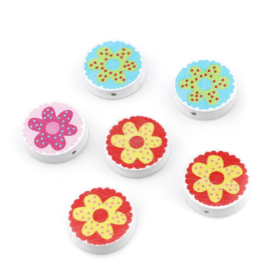 ウッド ビーズ 円形 ランダムな色 花柄 約 21mm直径、 穴：約 2mm、 50 個 の画像