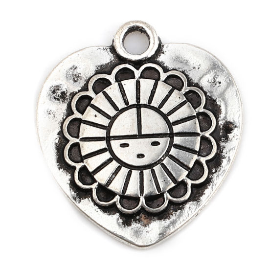 Picture of Zinc Based Alloy Charms Heart Antique Silver Color Flower 21mm x 19mm, 10 PCs
