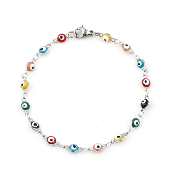 Image de Bracelets Élégant en 304 Acier Inoxydable Argent Mat Couleur au Hasard Rond Œil Mauvais Émail 19.5cm long, 1 Pièce
